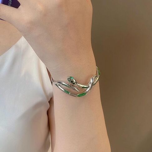 Green Crystal Snake Bracelet Open Snake Cuff Bangle Bracelet Adjustable Serpent Wrap Wirst Bracelet Silver Bendable Serpent Animal Cuff Bangle Hand Jewelry for Women in Saudi Arabia