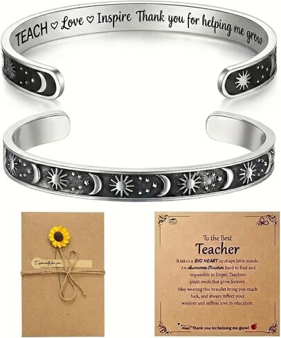 Thank You For Helping Me Grow Gift, Moon Star Teacher Bracelet Inspirational Silver Cuff Bangle for Christmas Graduation Appreciation Back to School End of Year Retirement From Students in Saudi Arabia