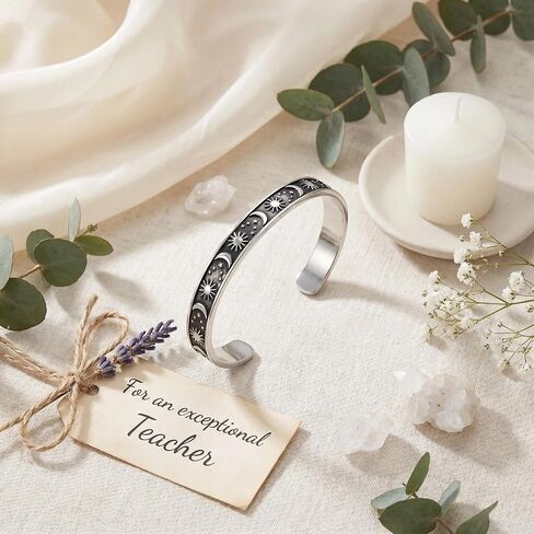 Thank You For Helping Me Grow Gift, Moon Star Teacher Bracelet Inspirational Silver Cuff Bangle for Christmas Graduation Appreciation Back to School End of Year Retirement From Students in Saudi Arabia
