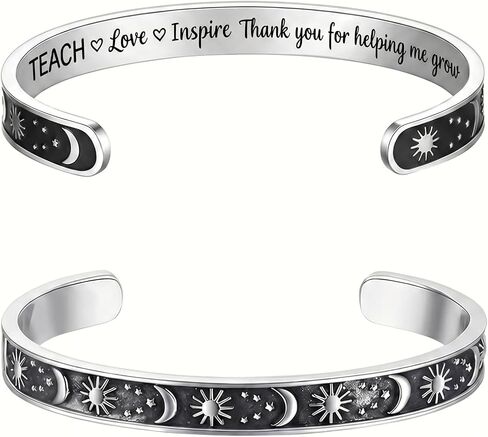 Thank You For Helping Me Grow Gift, Moon Star Teacher Bracelet Inspirational Silver Cuff Bangle for Christmas Graduation Appreciation Back to School End of Year Retirement From Students in Saudi Arabia