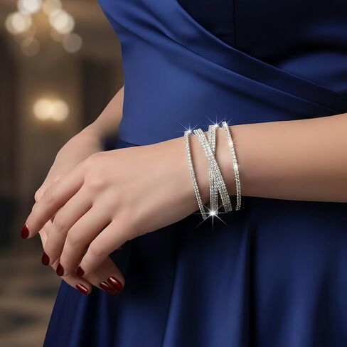 Jojomina Silver Rhinestone Bracelet for Women Multilayer Cuff Bracelet Crystal Braidal Bracelets for Wedding Prom Cocktail Party in Kuwait