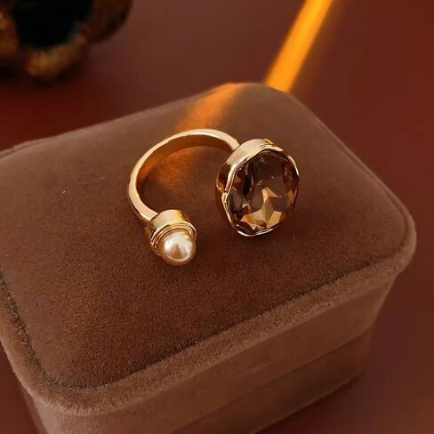 Rhinestone Oval Pearl Wrap Opem Statement Ring for Women Stacking Chic Elegant Geometric Crystal Finger Knuckle Cuff Adjustable Band Rings Wedding Engagement Promise Birthday Jewelry in Kuwait