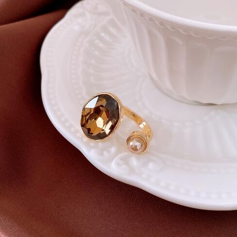 Rhinestone Oval Pearl Wrap Opem Statement Ring for Women Stacking Chic Elegant Geometric Crystal Finger Knuckle Cuff Adjustable Band Rings Wedding Engagement Promise Birthday Jewelry in Kuwait