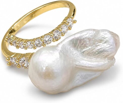 14K Gold Plated Open Rings for Women, Adjustable Pearl Mother of Pearl CZ Gold Rings, Elegant Stackable Statement Jewelry Gift for Wife Girlfriend Mom in Kuwait