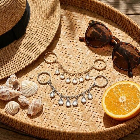 2Pcs Chain Ring for Women, Gold and Silver Colored Interconnected Rings with Teardrop Charms, Unique Statement Chain Link Ring Set, Trendy Boho Aesthetic Summer Jewelry 2026 in Saudi Arabia