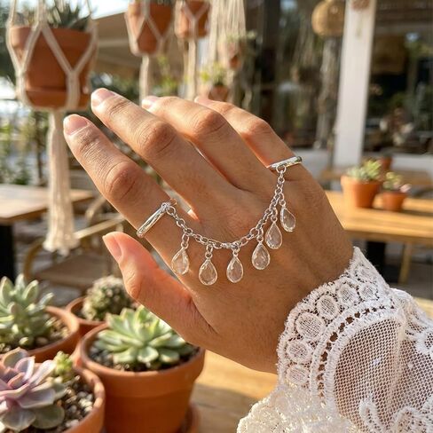 2Pcs Chain Ring for Women, Gold and Silver Colored Interconnected Rings with Teardrop Charms, Unique Statement Chain Link Ring Set, Trendy Boho Aesthetic Summer Jewelry 2026 in Saudi Arabia