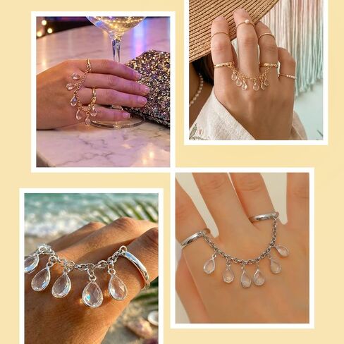 2Pcs Chain Ring for Women, Gold and Silver Colored Interconnected Rings with Teardrop Charms, Unique Statement Chain Link Ring Set, Trendy Boho Aesthetic Summer Jewelry 2026 in Saudi Arabia