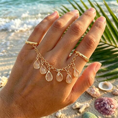 2Pcs Chain Ring for Women, Gold and Silver Colored Interconnected Rings with Teardrop Charms, Unique Statement Chain Link Ring Set, Trendy Boho Aesthetic Summer Jewelry 2026 in Saudi Arabia