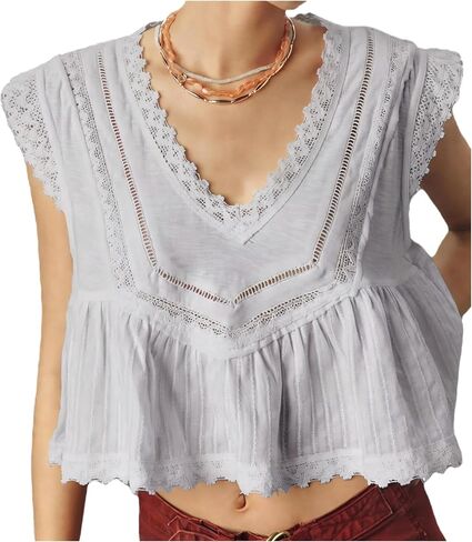 Women’s Lace Peplum Top V Neck Floral Embroidered Blouse Babydoll Sleeveless Shirt Summer Going Out Tank Tops in Saudi Arabia