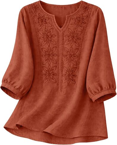 Cotton Linen Shirts for Women - 2026 Boho Embroidered Tops 3/4 Sleeve V Neck Blouses Summer Casual Vacation Clothes in Saudi Arabia