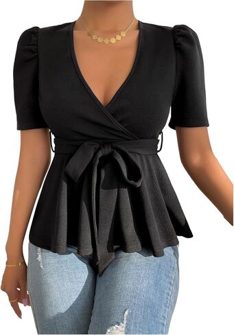 SOLY HUX Women's Peplum Top Deep V Neck Short Sleeve Wrap Blouses Bow Tie Flowy Shirts in Kuwait