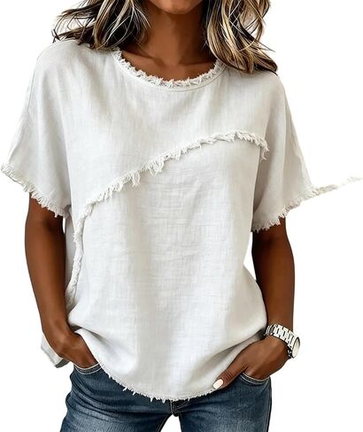 Womens Linen Shirts Dressy Casual Short Sleeve Boho Tops Summer Cotton Crewneck Gauze Solid Raw Hem Beach Tops in Saudi Arabia
