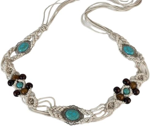 Bohemian Oval Waist Chain Belt Belly for Women Vintage Turquoise Wooden Beaded Waist Belt Body Chains Adjustable Woven Cord Jewelry Accessories for Jeans Dress in Kuwait
