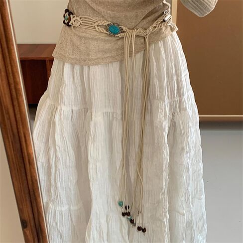 Bohemian Oval Waist Chain Belt Belly for Women Vintage Turquoise Wooden Beaded Waist Belt Body Chains Adjustable Woven Cord Jewelry Accessories for Jeans Dress in Kuwait
