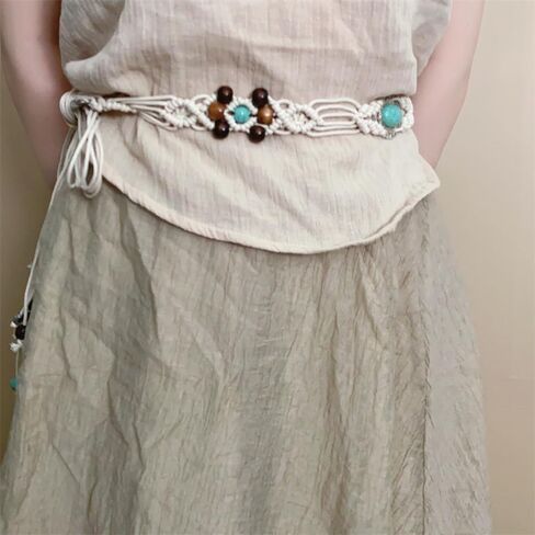 Bohemian Oval Waist Chain Belt Belly for Women Vintage Turquoise Wooden Beaded Waist Belt Body Chains Adjustable Woven Cord Jewelry Accessories for Jeans Dress in Kuwait