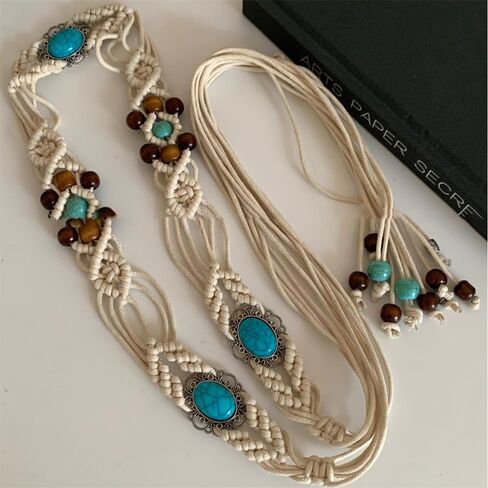 Bohemian Oval Waist Chain Belt Belly for Women Vintage Turquoise Wooden Beaded Waist Belt Body Chains Adjustable Woven Cord Jewelry Accessories for Jeans Dress in Kuwait