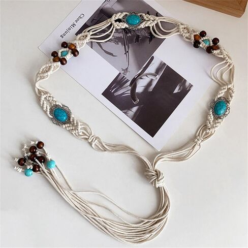 Bohemian Oval Waist Chain Belt Belly for Women Vintage Turquoise Wooden Beaded Waist Belt Body Chains Adjustable Woven Cord Jewelry Accessories for Jeans Dress in Kuwait