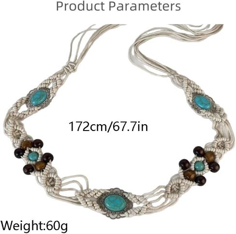 Bohemian Oval Waist Chain Belt Belly for Women Vintage Turquoise Wooden Beaded Waist Belt Body Chains Adjustable Woven Cord Jewelry Accessories for Jeans Dress in Kuwait