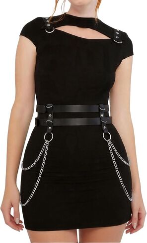 Adjustable PU Leather Double-Layer Chain Belt for Women, Punk Goth Waist Harness with Alloy Chains, Fashion Statement Accessory for Dresses & Outfits (Fit Waist 25.0-36.2in) in Saudi Arabia