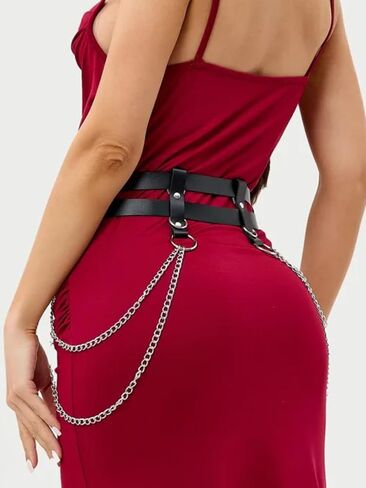 Adjustable PU Leather Double-Layer Chain Belt for Women, Punk Goth Waist Harness with Alloy Chains, Fashion Statement Accessory for Dresses & Outfits (Fit Waist 25.0-36.2in) in Saudi Arabia