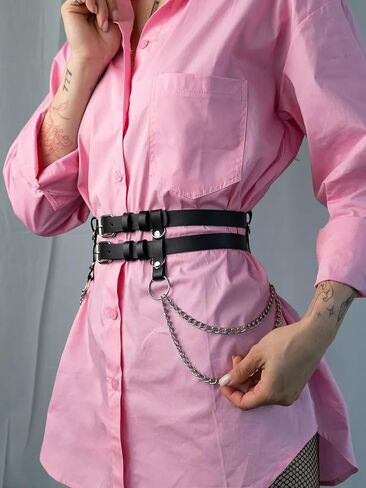 Adjustable PU Leather Double-Layer Chain Belt for Women, Punk Goth Waist Harness with Alloy Chains, Fashion Statement Accessory for Dresses & Outfits (Fit Waist 25.0-36.2in) in Saudi Arabia