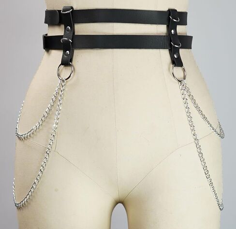 Adjustable PU Leather Double-Layer Chain Belt for Women, Punk Goth Waist Harness with Alloy Chains, Fashion Statement Accessory for Dresses & Outfits (Fit Waist 25.0-36.2in) in Saudi Arabia