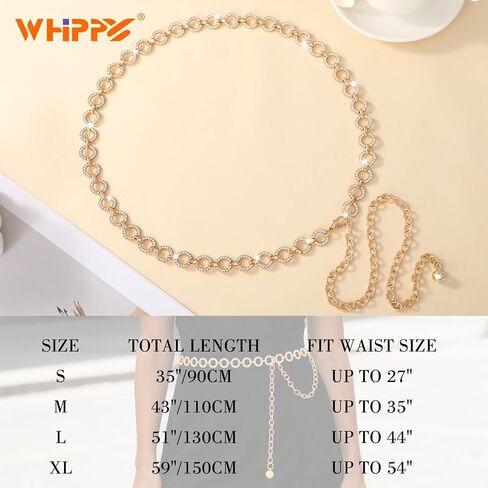 WHIPPY Rhinestone Chain Belts for Women Fashion Bling Gold Chain Belts for Dresses Adjustable Metal Waist Chain in Kuwait