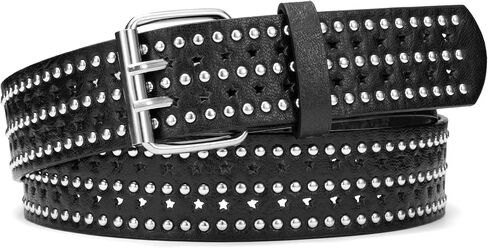 Studded Belts for Women, Black Leather Belt for Jeans with Double Star Holes in Kuwait