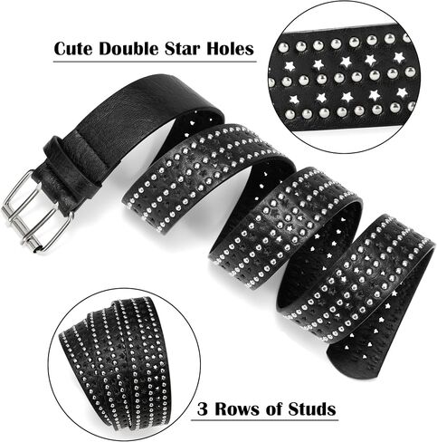 Studded Belts for Women, Black Leather Belt for Jeans with Double Star Holes in Kuwait