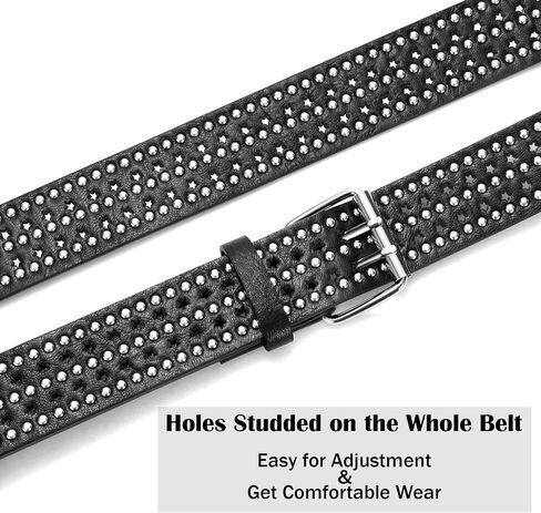 Studded Belts for Women, Black Leather Belt for Jeans with Double Star Holes in Kuwait