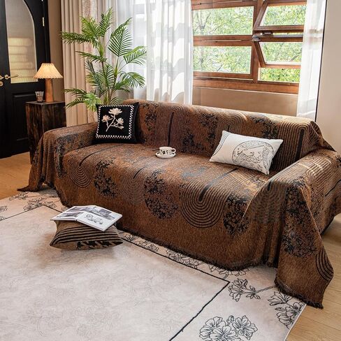 Chenille Couch Cover Pet Friendly, Sofa Blanket Washable with Fringe, Furniture Protector for Dogs Cats Kids, Fits Loveseat 2-Seater Sofa, Boho Style Living Room (Brown 71″x118″) in Saudi Arabia