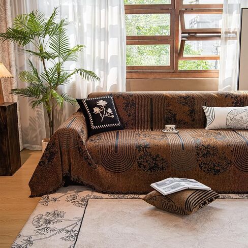 Chenille Couch Cover Pet Friendly, Sofa Blanket Washable with Fringe, Furniture Protector for Dogs Cats Kids, Fits Loveseat 2-Seater Sofa, Boho Style Living Room (Brown 71″x118″) in Kuwait