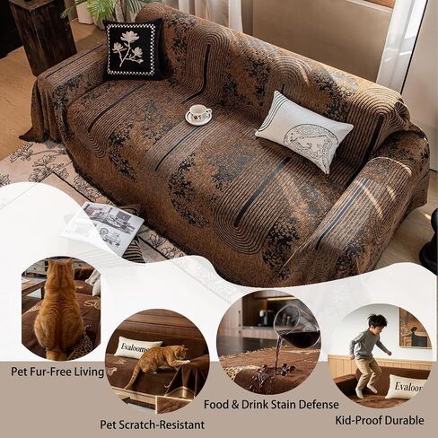 Chenille Couch Cover Pet Friendly, Sofa Blanket Washable with Fringe, Furniture Protector for Dogs Cats Kids, Fits Loveseat 2-Seater Sofa, Boho Style Living Room (Brown 71″x118″) in Kuwait