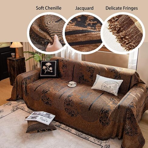 Chenille Couch Cover Pet Friendly, Sofa Blanket Washable with Fringe, Furniture Protector for Dogs Cats Kids, Fits Loveseat 2-Seater Sofa, Boho Style Living Room (Brown 71″x118″) in Kuwait