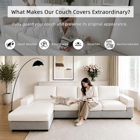 PU Leather Individual Couch Cushion Covers for Sectional Sofa Waterproof Stretch Sofa Cushion Slipcovers Wear-Resistant Sectional Couch Seat Covers for Pets (3 Seat+3 Back Cover S, White) in Kuwait