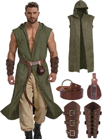 4PC Renaissance Costume for Men Medieval Viking Hooded Sleeveless Surcoat Tunic Set for Halloween LARP Cosplay in Kuwait