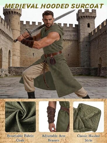 4PC Renaissance Costume for Men Medieval Viking Hooded Sleeveless Surcoat Tunic Set for Halloween LARP Cosplay in Kuwait