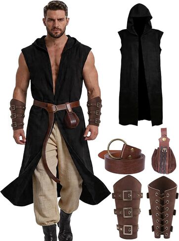 4PC Renaissance Costume for Men Medieval Viking Hooded Sleeveless Surcoat Tunic Set for Halloween LARP Cosplay in Kuwait