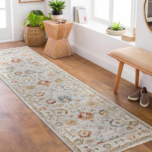 Hauteloom Kronborg Hallway, Kitchen Runner Rug - Floral Medallion Border Distressed Geometric - Traditional Oushak Oriental Turkish Transitional - Light Gray, Cream, Denim, Gray, Beige - 2'7" x 7'3" in Saudi Arabia