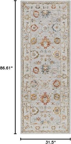 Hauteloom Kronborg Hallway, Kitchen Runner Rug - Floral Medallion Border Distressed Geometric - Traditional Oushak Oriental Turkish Transitional - Light Gray, Cream, Denim, Gray, Beige - 2'7" x 7'3" in Saudi Arabia