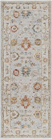 Hauteloom Kronborg Hallway, Kitchen Runner Rug - Floral Medallion Border Distressed Geometric - Traditional Oushak Oriental Turkish Transitional - Light Gray, Cream, Denim, Gray, Beige - 2'7" x 7'3" in Saudi Arabia