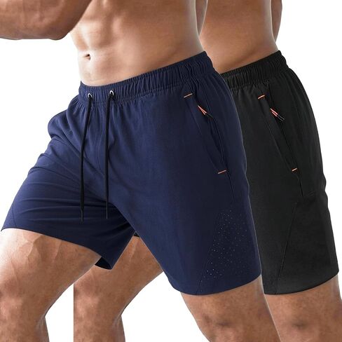 2 Pack Mens 7 Inch Athletic Shorts, Quick Dry Gym Workout Shorts with Zipper Pockets, Perforated Running Tennis Hiking in Saudi Arabia