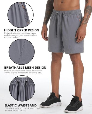2 Pack Mens 7 Inch Athletic Shorts, Quick Dry Gym Workout Shorts with Zipper Pockets, Perforated Running Tennis Hiking in Saudi Arabia