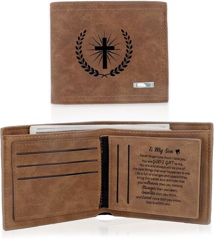 Aelciyue Birthday Gifts for Sons Adult - Graduation Fathers Day Long Distance Christmas Valentines Day Gifts for Son from Mom Dad Graduation Gift Christian Keepsake Personalized Leather Wallet for Men in Saudi Arabia