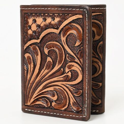 Western Hand Carved Genuine Leather Rodeo Trifold Wallet For Men Women | Handmade Wallets Cowboy Casual Tooled in Saudi Arabia