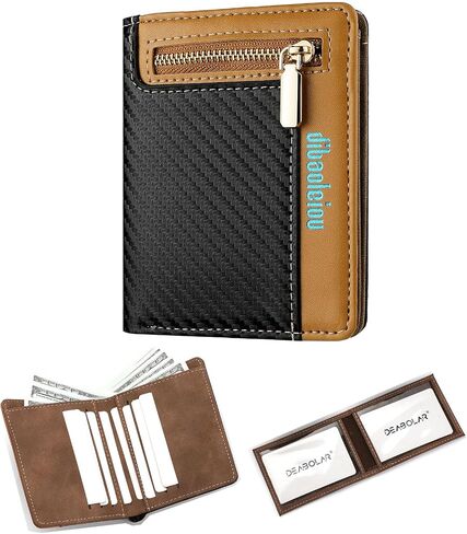 Men's Bifold PU Leather Wallet, RFID Blocking Credit Card Holder, Handcrafted Color Blocking Wallet, Fashion Multi Card Holder Wallet with Zipper Coin Pocket and ID Window(Brown & Black) in Kuwait