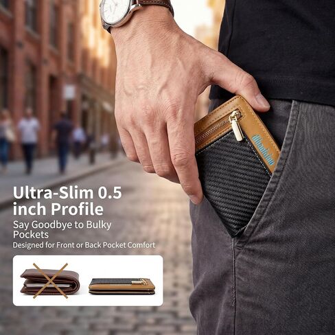 Men's Bifold PU Leather Wallet, RFID Blocking Credit Card Holder, Handcrafted Color Blocking Wallet, Fashion Multi Card Holder Wallet with Zipper Coin Pocket and ID Window(Brown & Black) in Kuwait