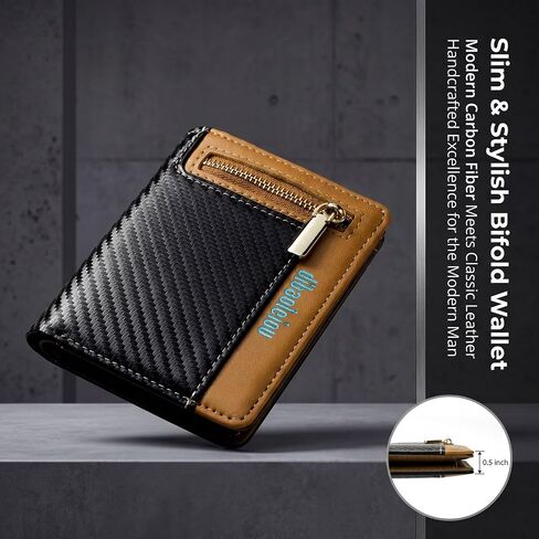 Men's Bifold PU Leather Wallet, RFID Blocking Credit Card Holder, Handcrafted Color Blocking Wallet, Fashion Multi Card Holder Wallet with Zipper Coin Pocket and ID Window(Brown & Black) in Kuwait