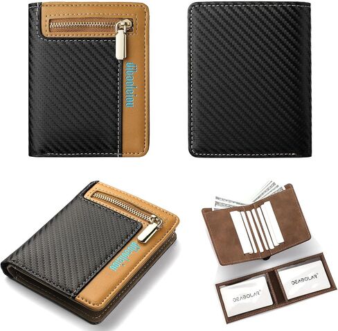 Men's Bifold PU Leather Wallet, RFID Blocking Credit Card Holder, Handcrafted Color Blocking Wallet, Fashion Multi Card Holder Wallet with Zipper Coin Pocket and ID Window(Brown & Black) in Kuwait