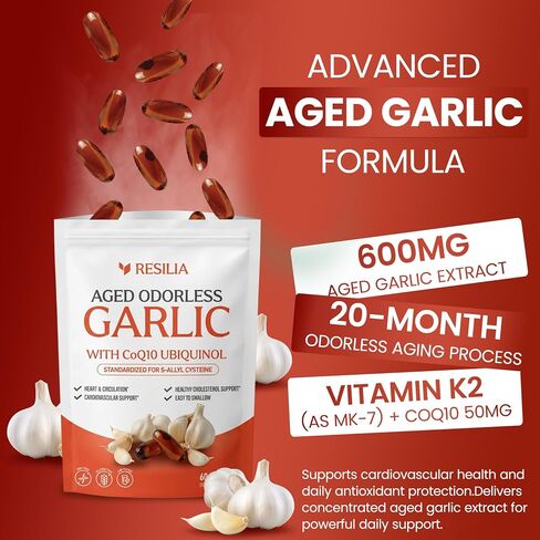 Resilia Odorless Aged Garlic Extract 600 mg softgels with CoQ10 Ubiquinol and Vitamin K2 (as MK-7), 20-Month Matured Garlic, 120 Softgel (Pack 2) in Kuwait
